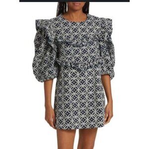 EN SAISON womens Ruffle Puff Sleeve Mini Dress Navy Blue Eyelet Size S